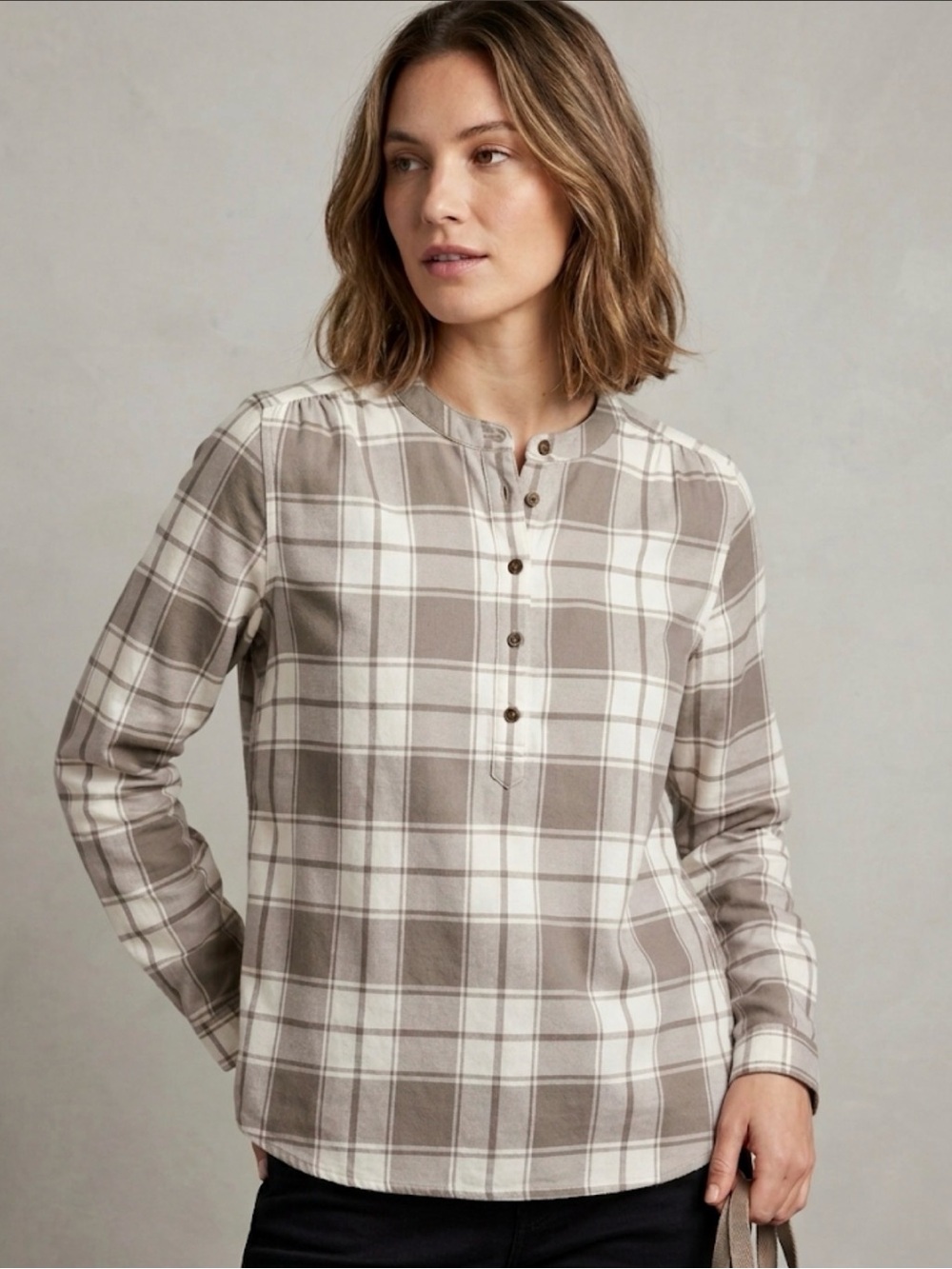 L.L. Bean Plaid Henley Top in Taupe and Cream